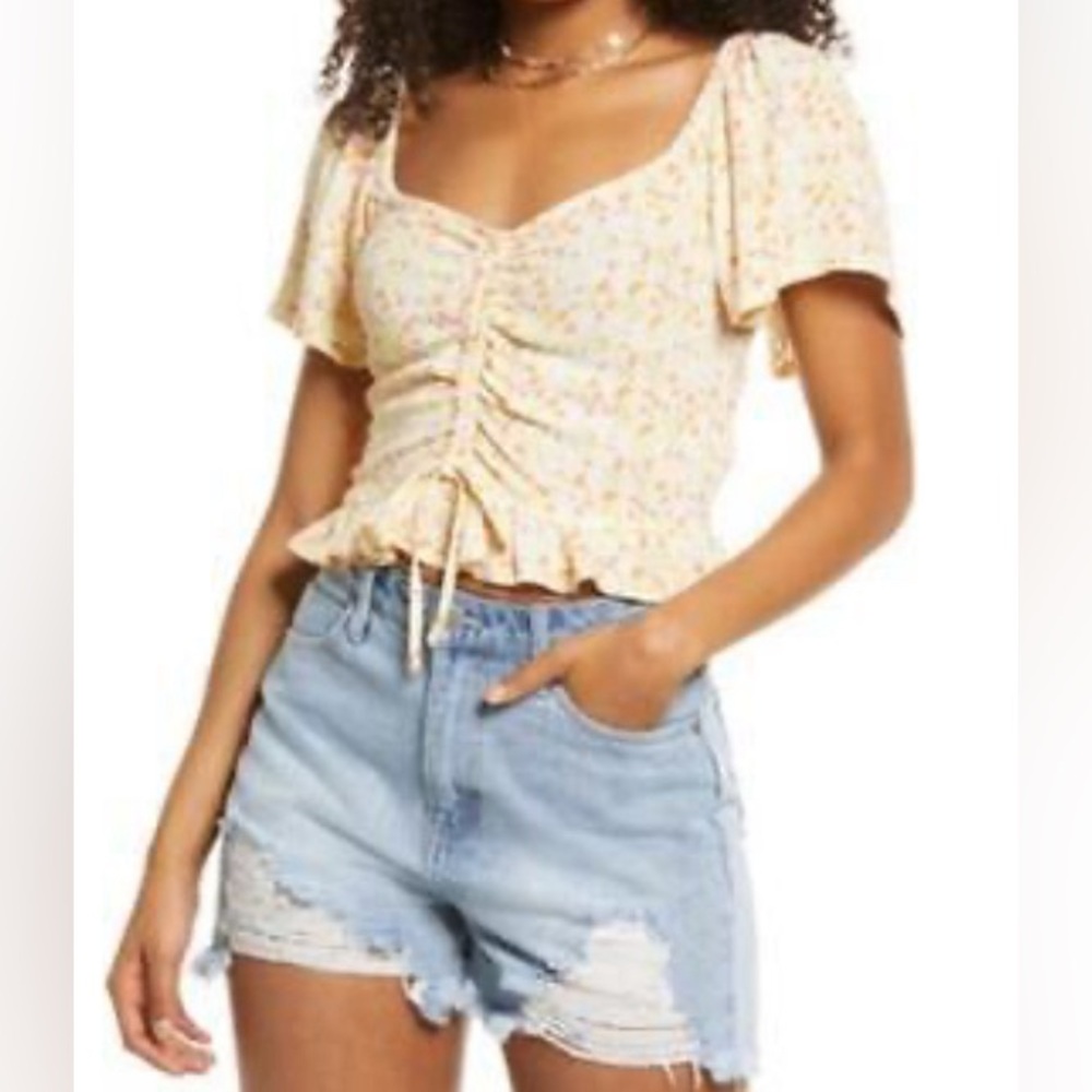 BP. Cinched Yellow Ruffle Floral Crop Top  Front Size M